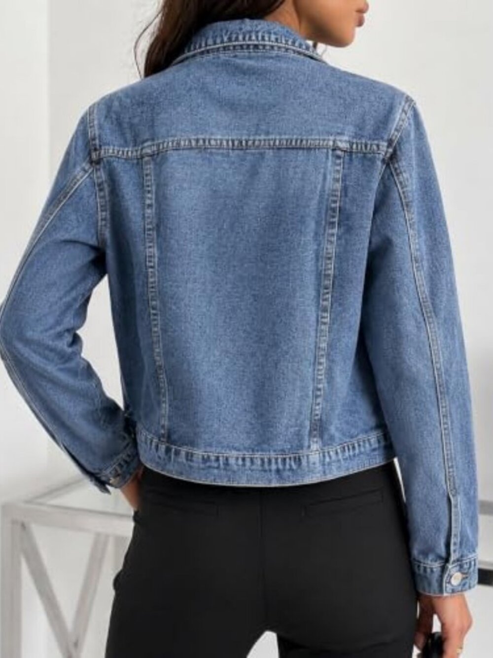 Trendy Pearl Denim Jacket with Rhinestone Buttons - Stylish Jean Outerwear for - Picture 2 of 6